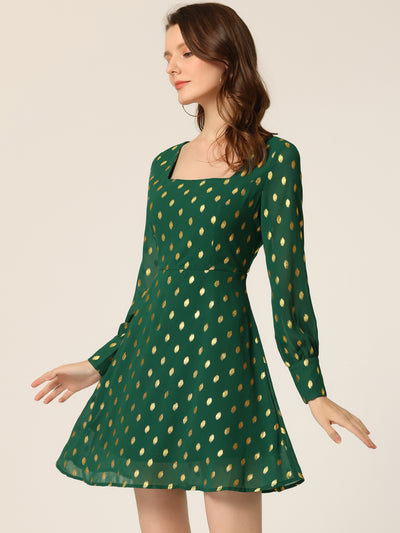 Square Neck Long Puff Sleeve Metallic Polka Dot A-Line Dress