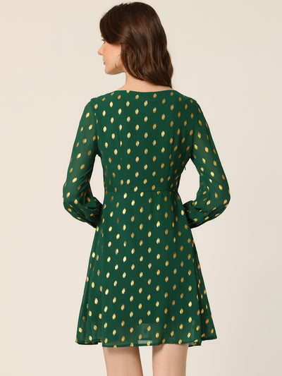 Square Neck Long Puff Sleeve Metallic Polka Dot A-Line Dress