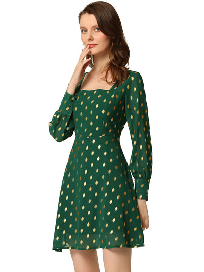 Square Neck Long Puff Sleeve Metallic Polka Dot A-Line Dress