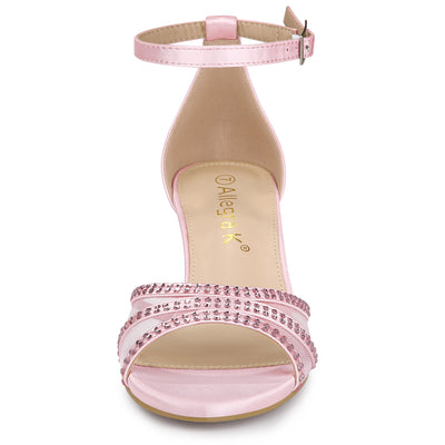 Satin Rhinestone Mesh Kitten Heel Ankle Strap Sandals