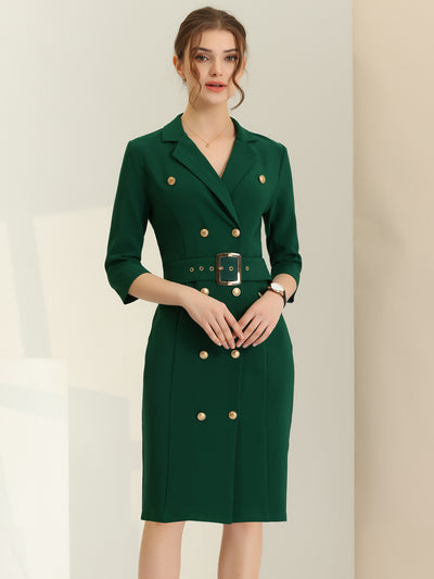 Allegra K Double Breasted Business Belted Work Blazer Suit Dress