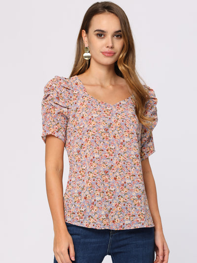 Floral Print Sweetheart Neck Short Sleeve Summer Blouse