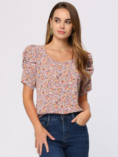 Floral Print Sweetheart Neck Short Sleeve Summer Blouse