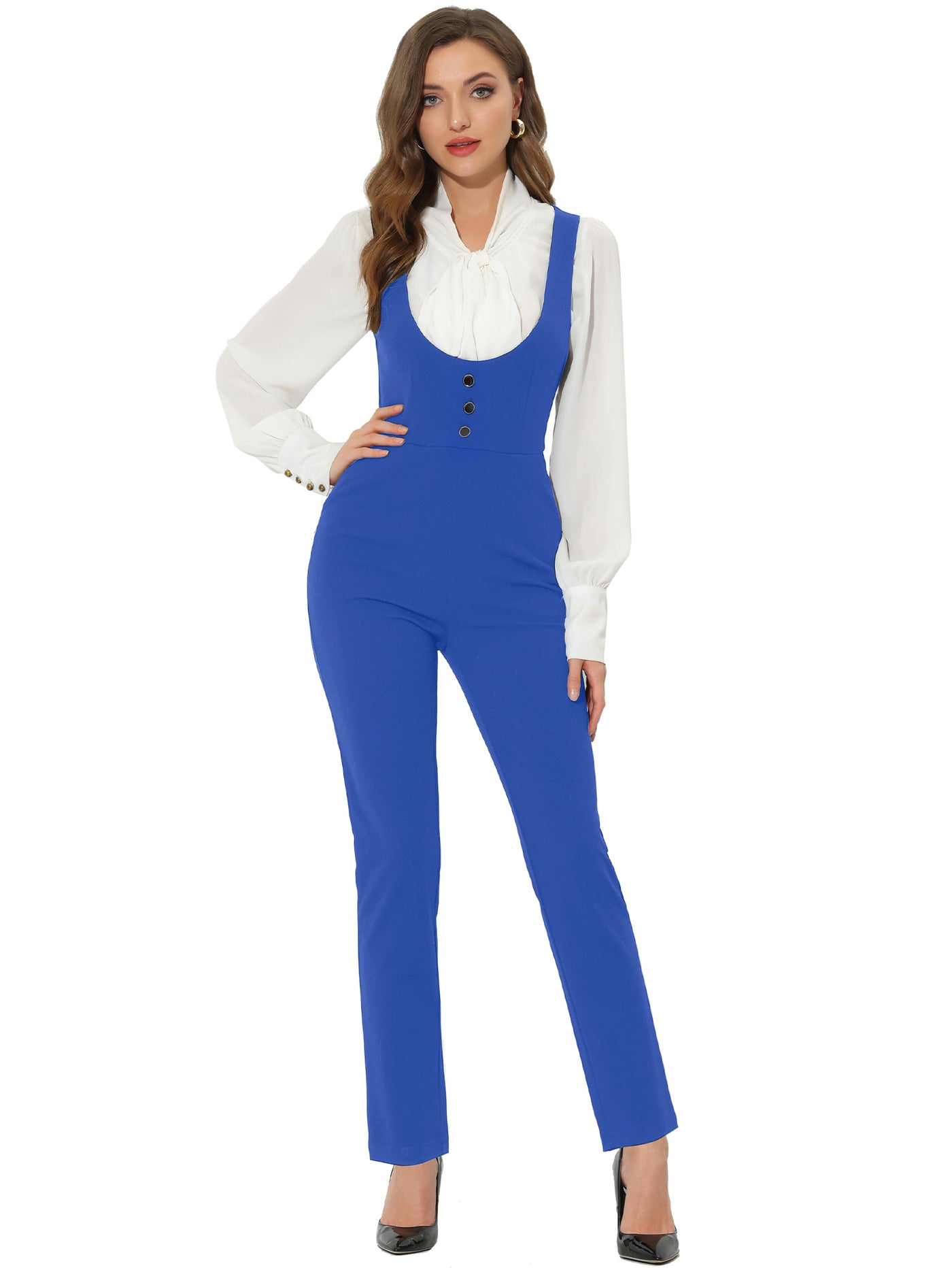 Allegra K One Piece Long Playsuits U Neck Casual Business Overall Jumpsuit