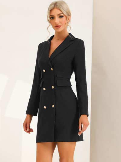 Elegant Double Breasted V Neck Long Sleeve Office Work Blazer Dress