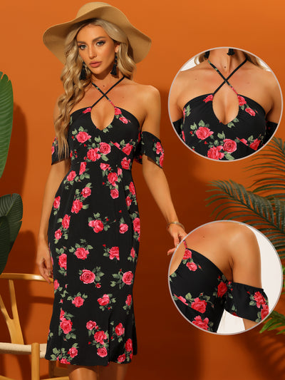 Off Shoulder Criss Cross Halter Neck Beach Tropical Floral Dress