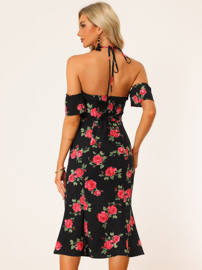 Off Shoulder Criss Cross Halter Neck Beach Tropical Floral Dress