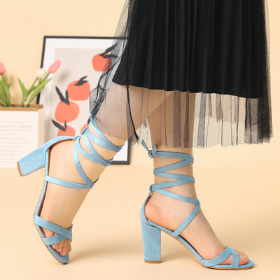 Elegant Faux Suede Ankle Lace Up High Block Heel Sandals