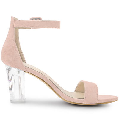 Faux Suede Open Toe Ankle Strap Clear Chunky Heel Sandals