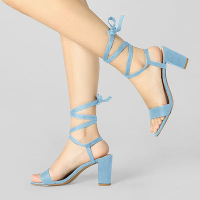 Faux Suede Lace Up Chunky Heel Slingback Sandals