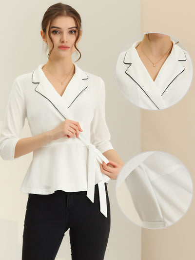 Notch Lapel Collar Tie Waist Wrap Peplum Blouse