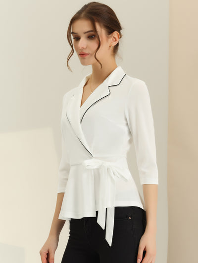 Notch Lapel Collar Tie Waist Wrap Peplum Blouse