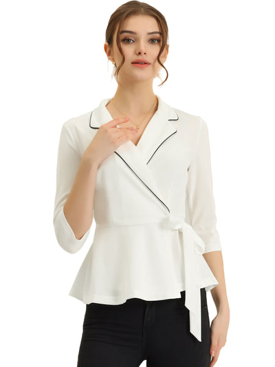 Notch Lapel Collar Tie Waist Wrap Peplum Blouse