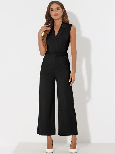 Allegra K Sleeveless Button Front Closure Long Leg Pocket Belted Jumpsuits