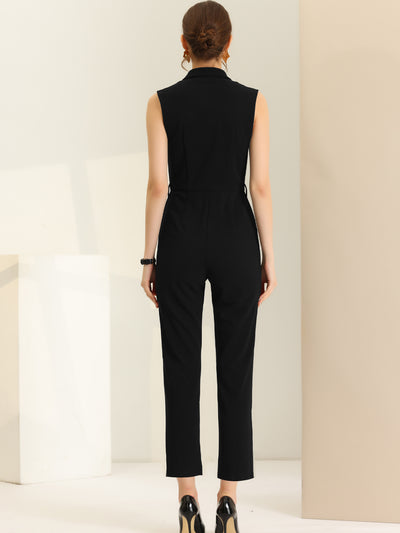 Sleeveless Button Front Closure Long Leg Pocket Belted Jumpsuits