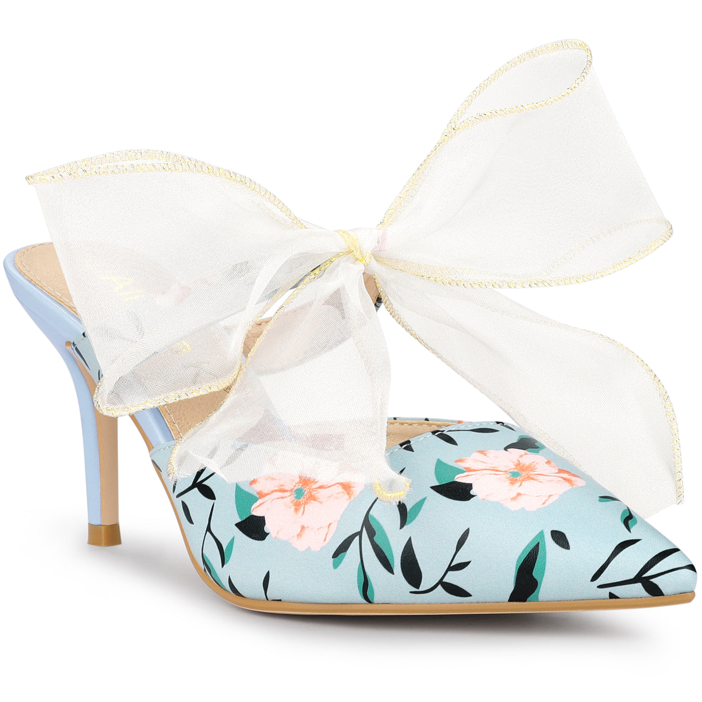 Allegra K Women's Pointed Toe Lace Bow Floral Printed Stiletto Heels Mules