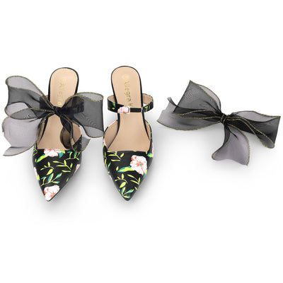 Women's Pointed Toe Lace Bow Floral Printed Stiletto Heels Mules