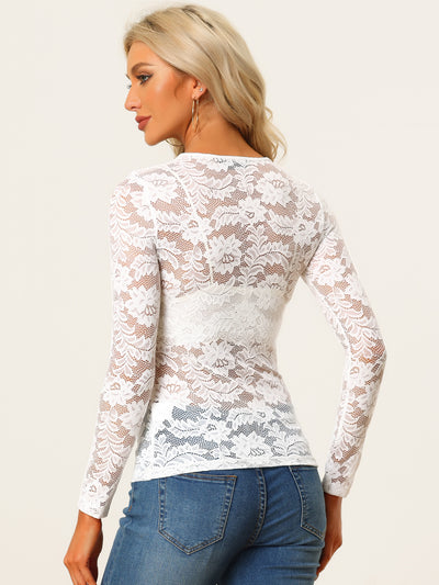 See Through Cut Out Long Sleeve Semi Sheer Fitted Lace Top