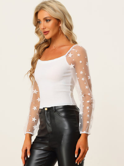 Sheer Star Long Sleeve Square Neck Sexy Textured Gothic Crop Top