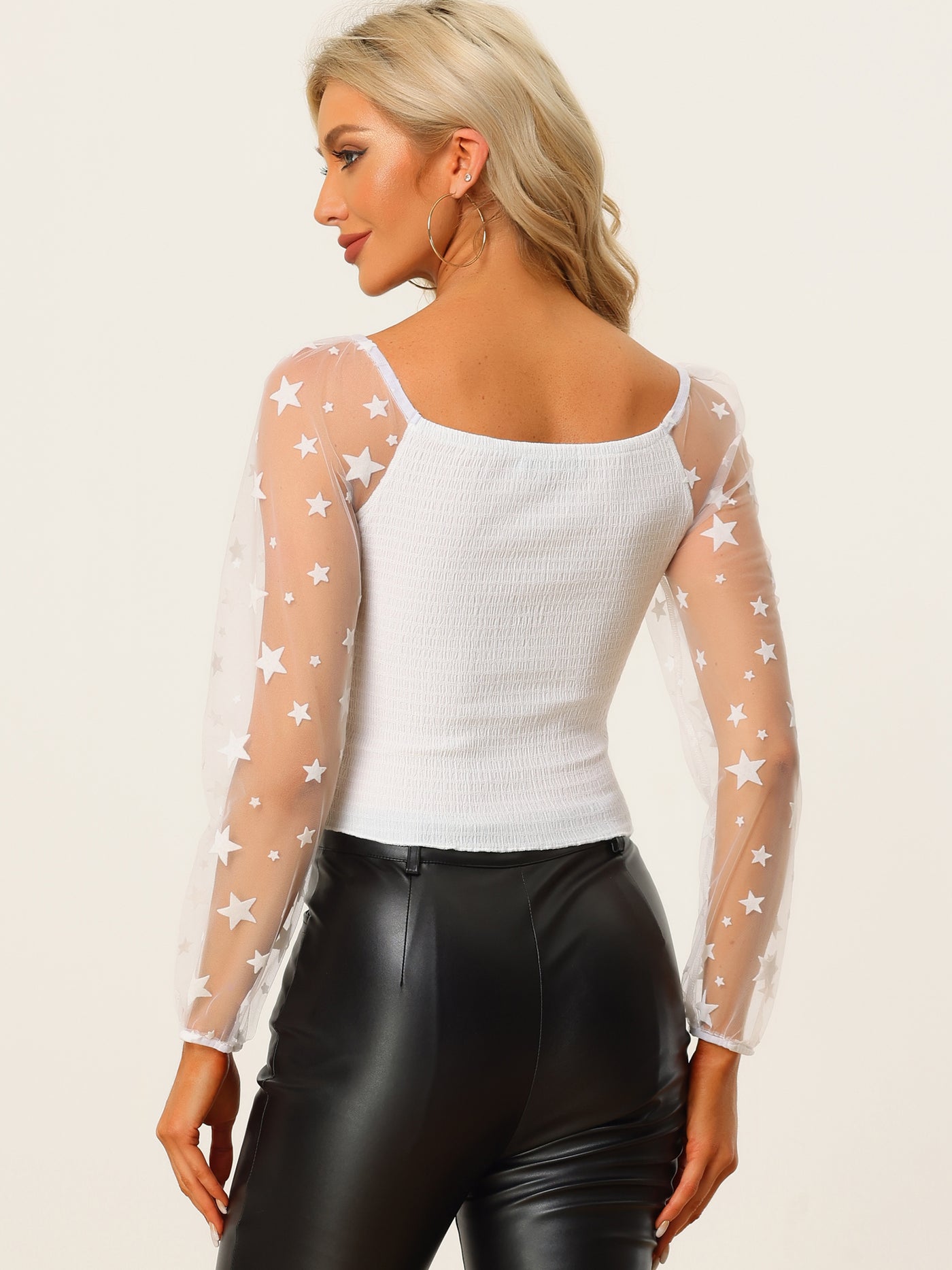 Allegra K Sheer Star Long Sleeve Square Neck Sexy Textured Gothic Crop Top