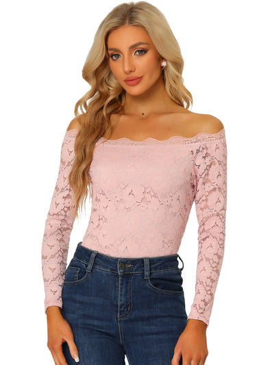 Off Shoulder Floral Lace Top Sheer Long Sleeves Casual Blouse