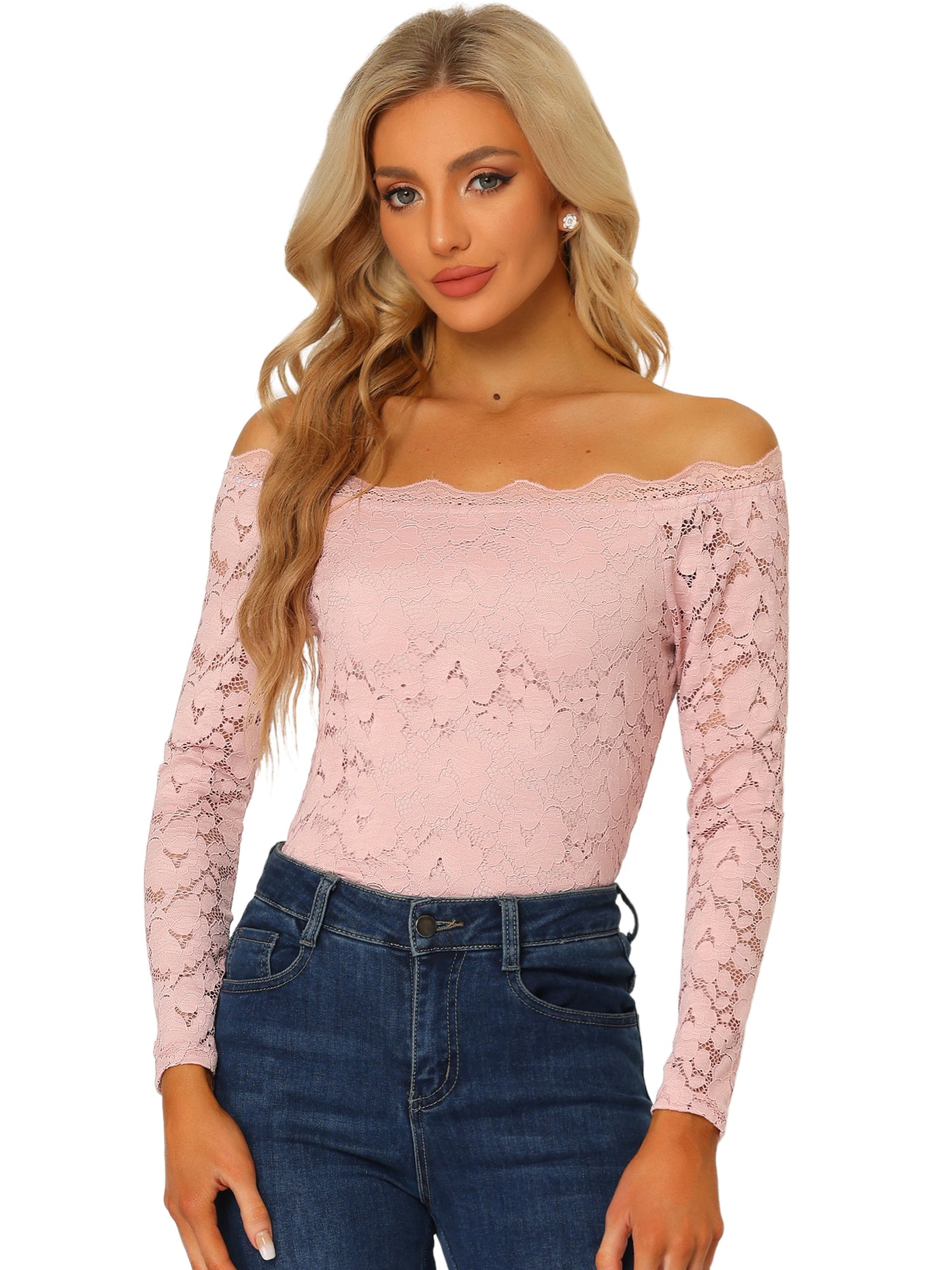 Allegra K Off Shoulder Floral Lace Top Sheer Long Sleeves Casual Blouse