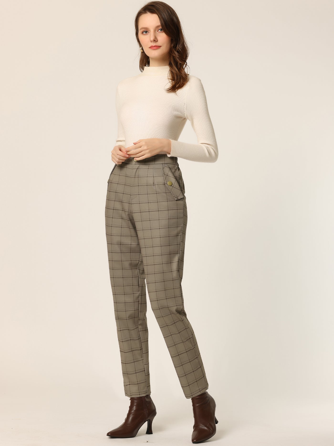 Allegra K Vintage Tartan Plaid Pants Elastic Waist Straight Long Trousers