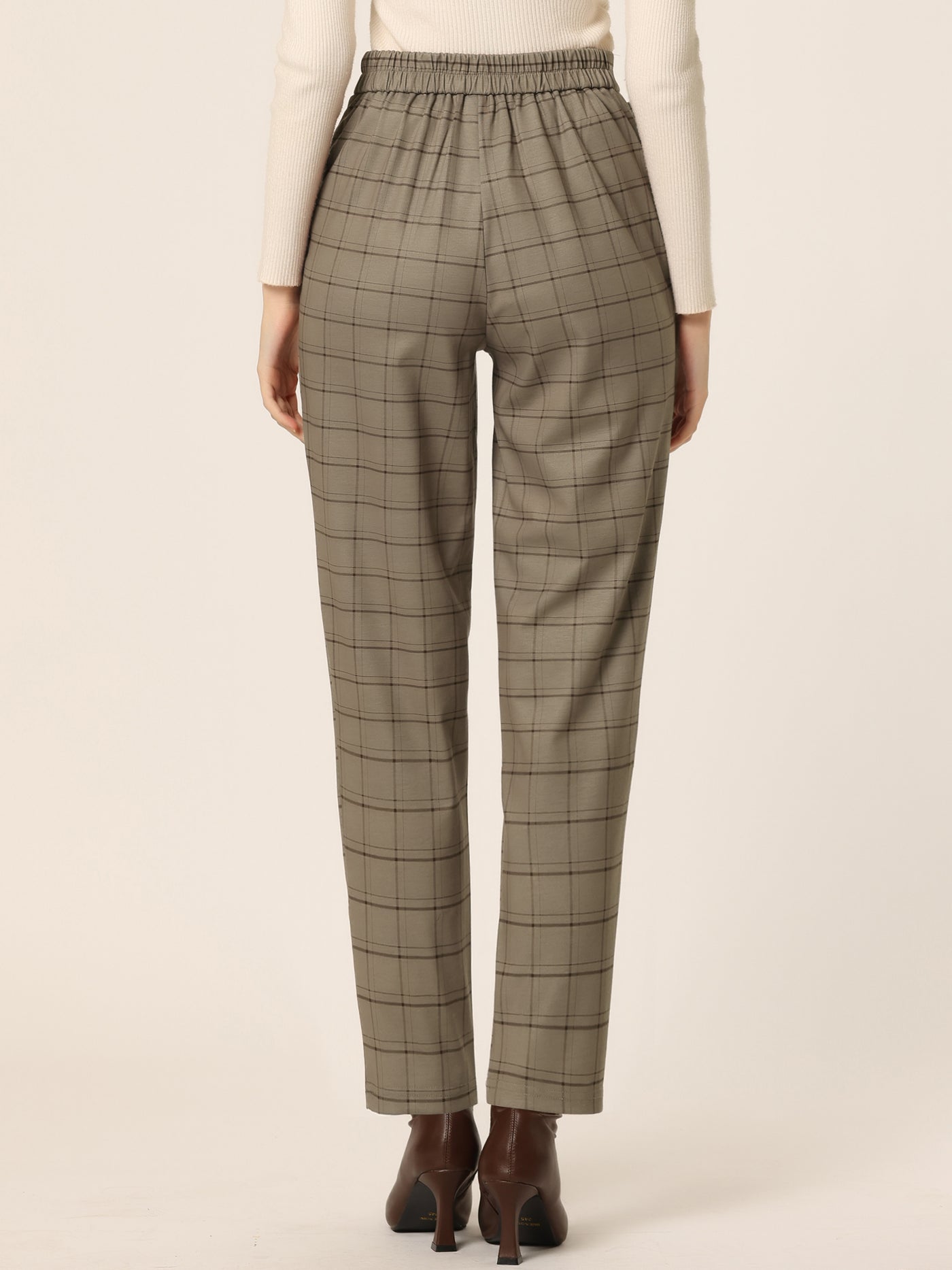 Allegra K Vintage Tartan Plaid Pants Elastic Waist Straight Long Trousers