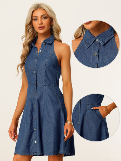 Denim Halter Neck Button Down Backless A-Line Mini Shirt Dress