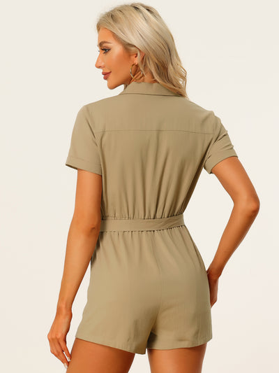 Short Sleeve Tie Waist 100% Cotton Cargo Jumpsuit with Pockets