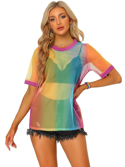 Rainbow Mesh See Through Short Sleeve Cover Up Sheer T-Shirt