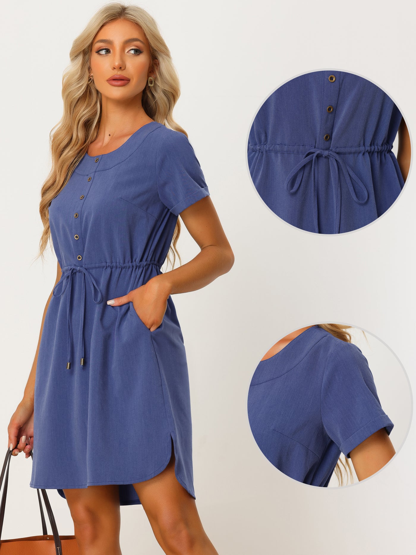 Allegra K Casual Drawstring Waist Summer Above the Knee Chambray Dress