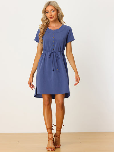 Casual Drawstring Waist Summer Above the Knee Chambray Dress
