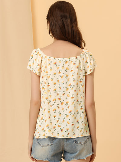 Square Neck Casual Peasant Tops Cap Sleeve Floral Print Blouse