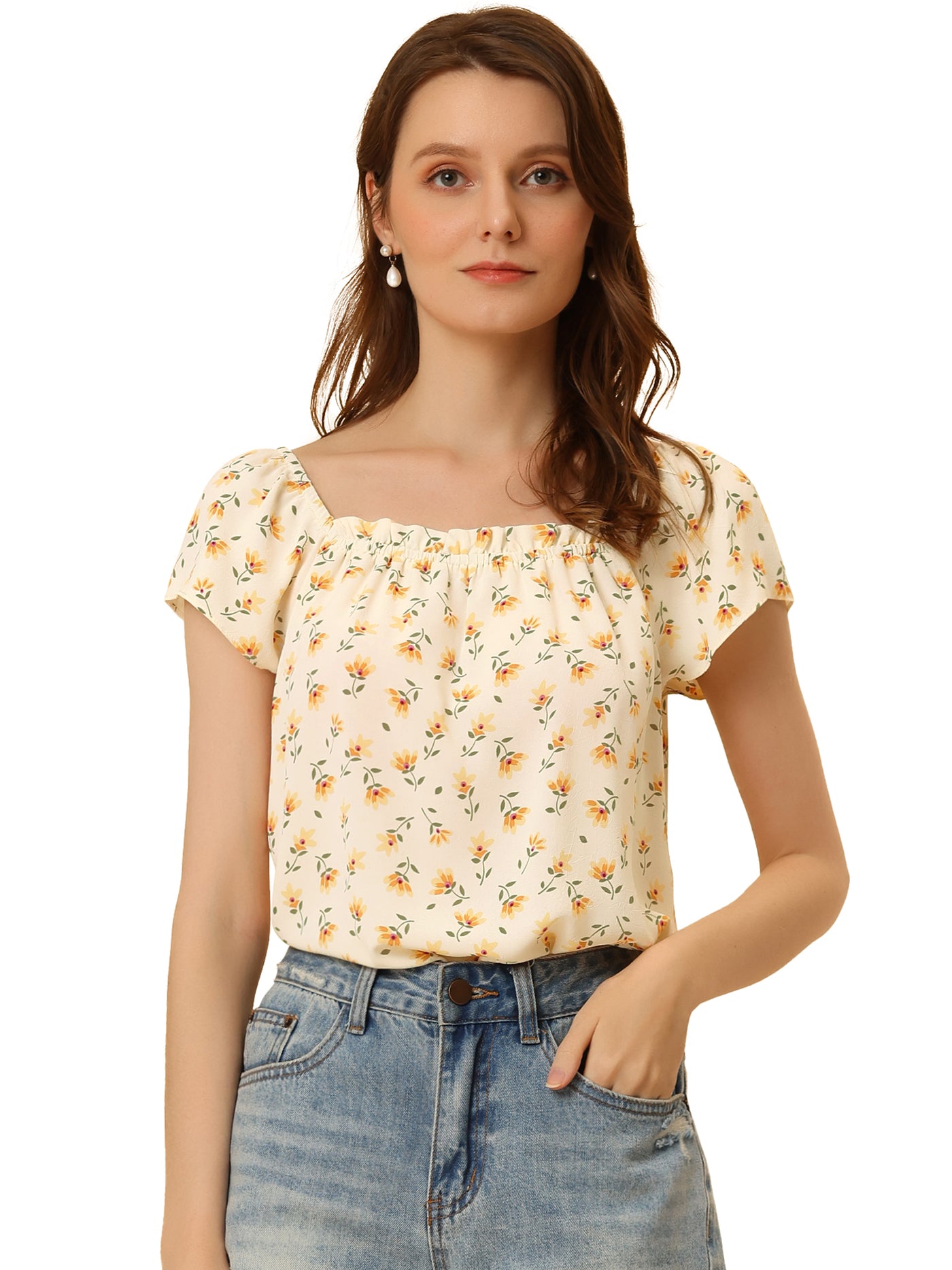 Allegra K Square Neck Casual Peasant Tops Cap Sleeve Floral Print Blouse