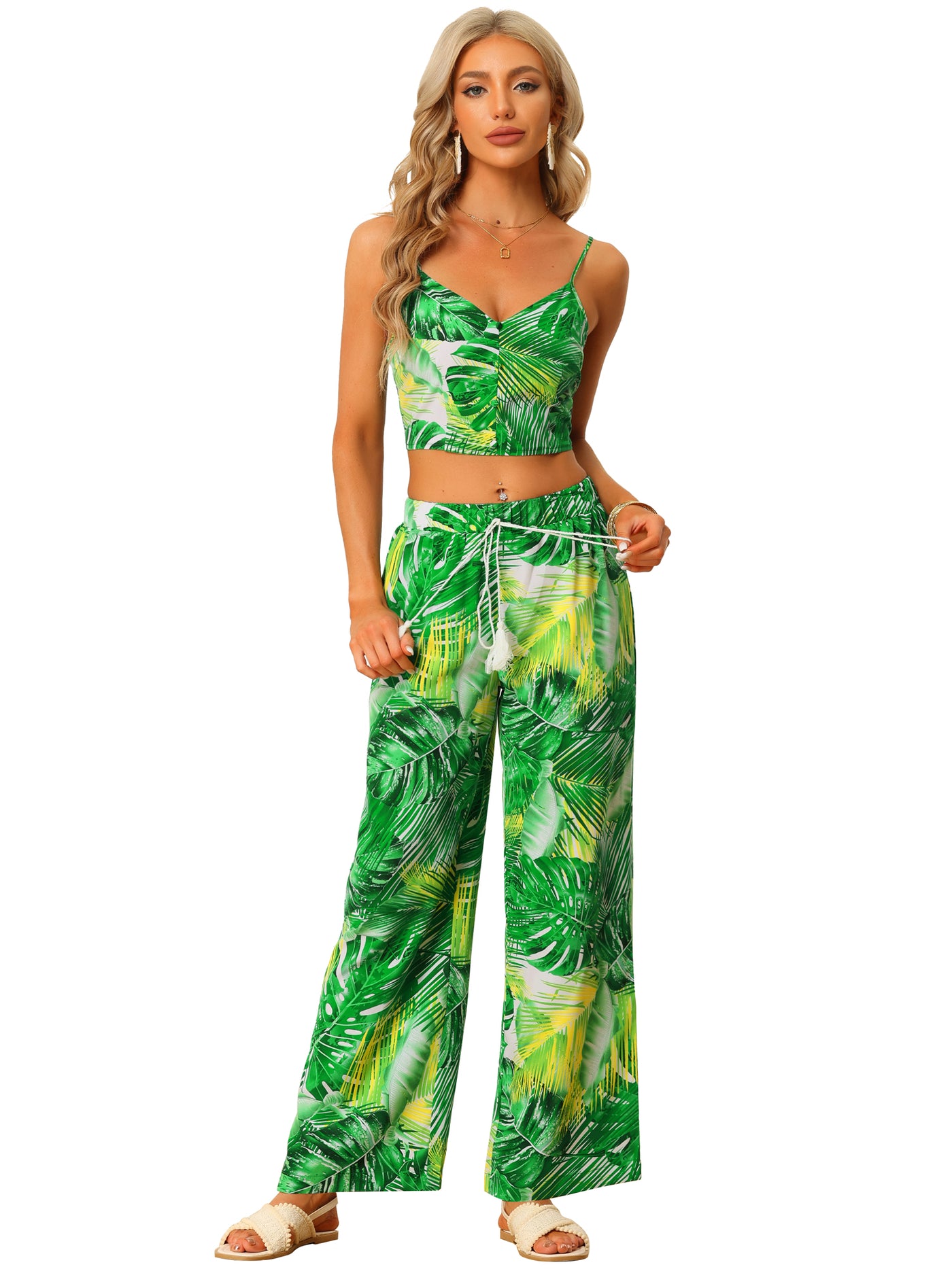 Allegra K Tropical Top and Pants Sets Two-Piece Beach Outfits