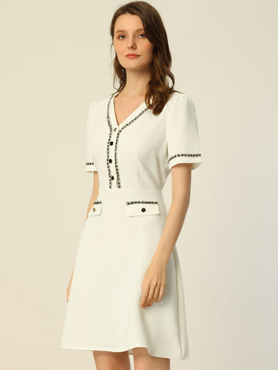 V Neck Half Placket Short Sleeve Textured A-Line Midi Dress