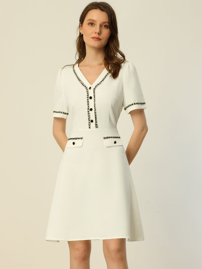 Allegra K V Neck Half Placket Short Sleeve Textured A-Line Midi Dress