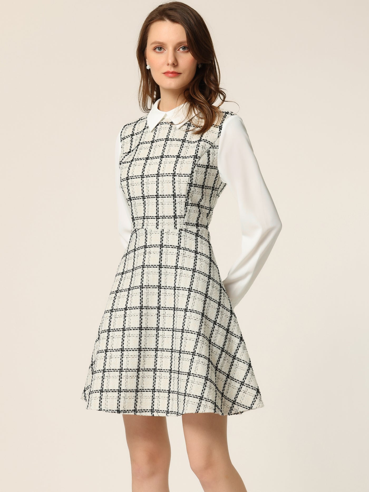Allegra K Plaid Contrast Lapel Collar Panel Long Sleeve A-Line Tweed Dress