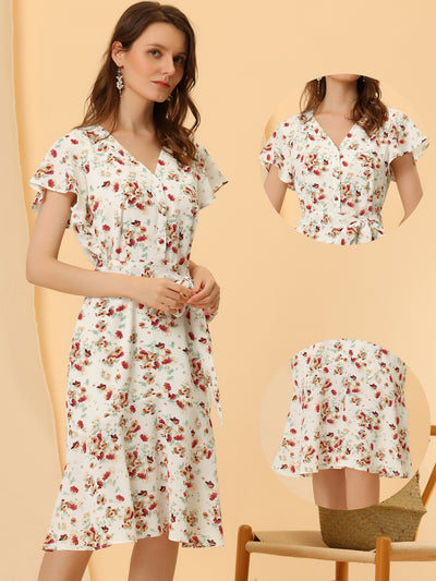 Summer Floral Print V-Neck Belted Flutter Sleeve Fishtail Dress