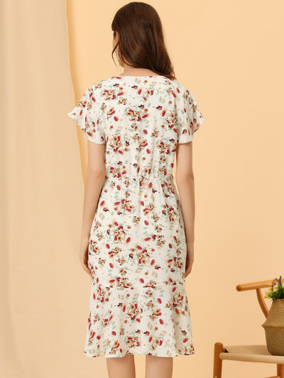 Summer Floral Print V-Neck Belted Flutter Sleeve Fishtail Dress