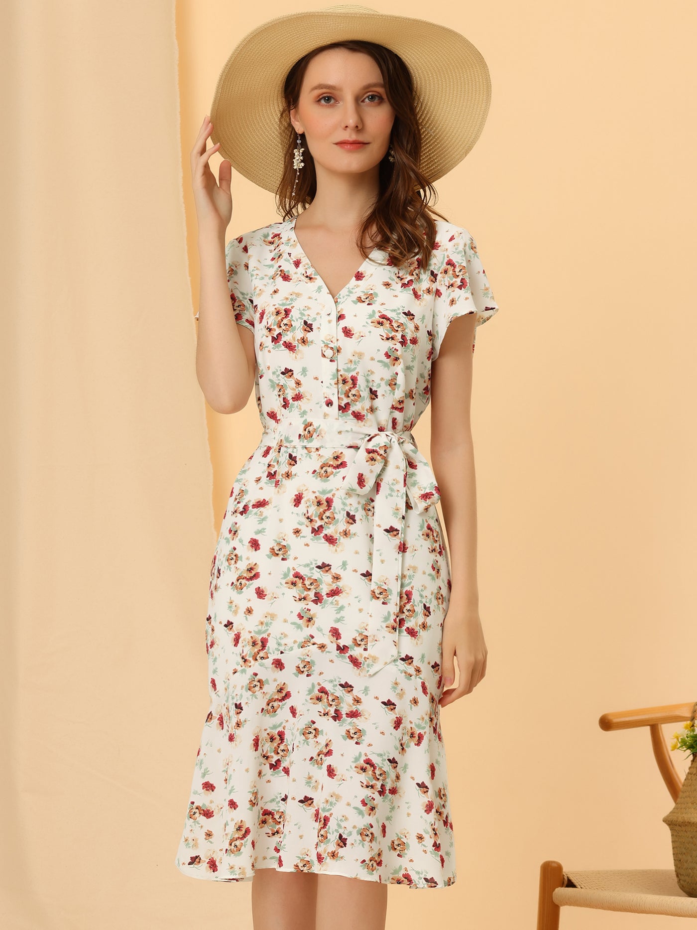 Allegra K Summer Floral Print V-Neck Belted Flutter Sleeve Fishtail Dress