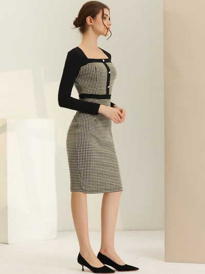 Bodycon Square Neck Contrast Color Plaid Houndstooth Dress