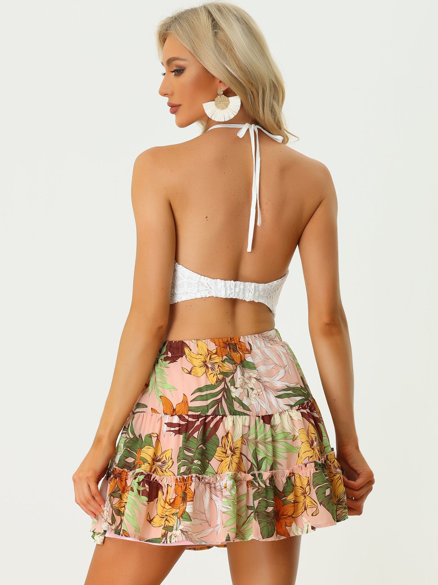 Allegra K 2 Piece Outfits Halter Lace Crop Top with Tropical Mini Skirt Set