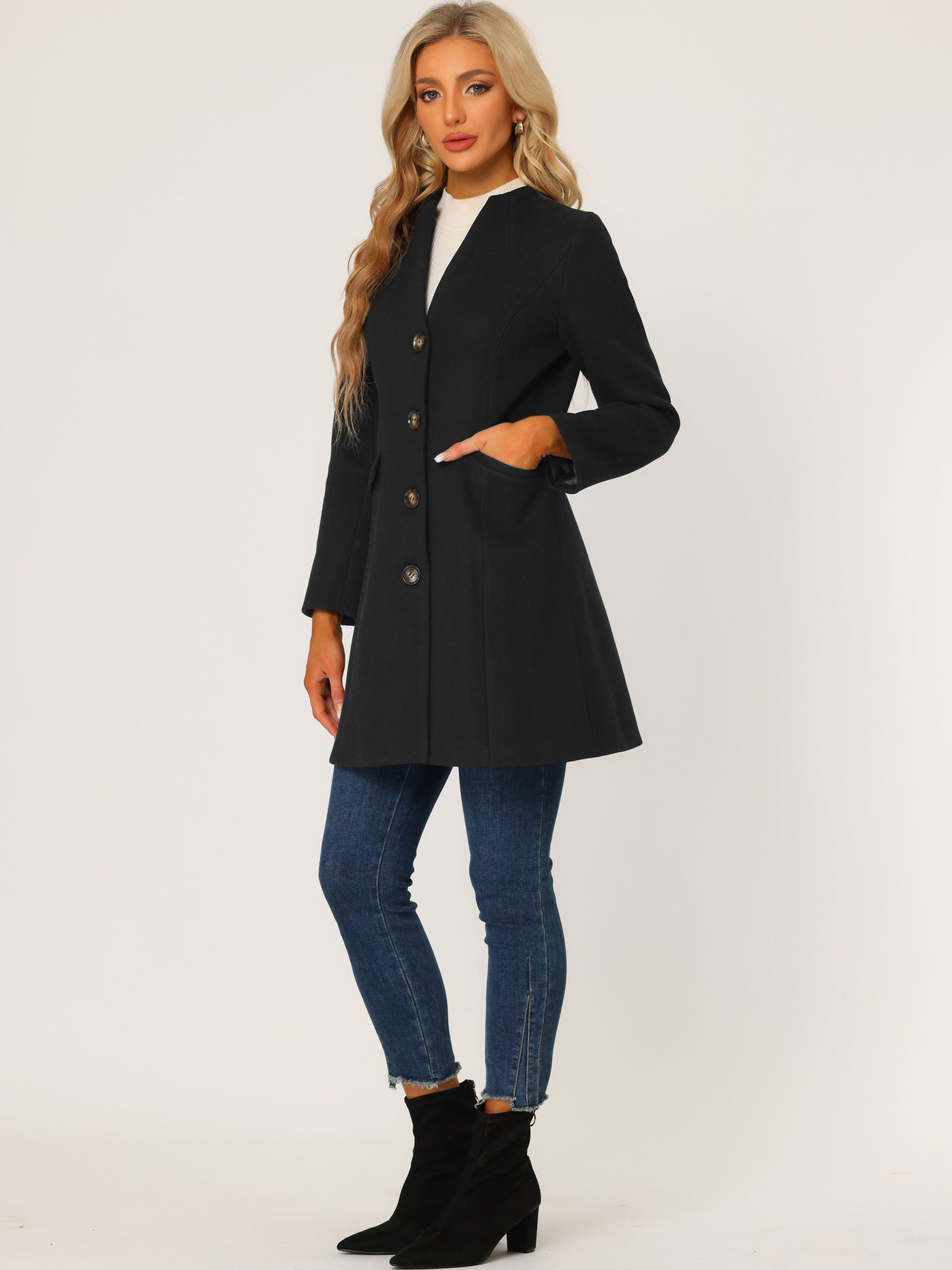 Allegra K Elegant Winter Overcoat V Neck Single Breasted Long Coat