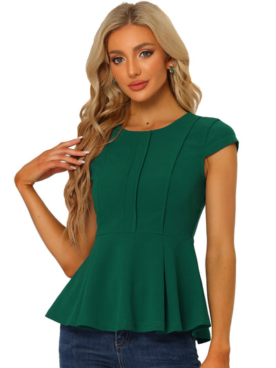 Elegant Round Neck Solid Color Cap Sleeve Peplum Blouse