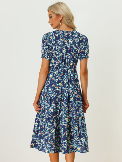 Floral V Neck Side Tie Waist Flowy Tiered Midi Dress