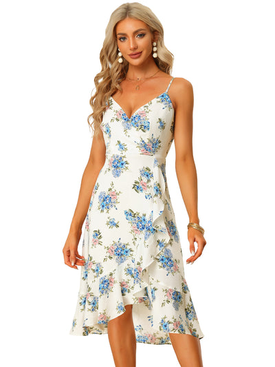 Ruffled Floral Dress Sleeveless V Neck Faux Wrap Midi Sundress