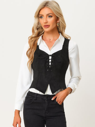 Faux Suede Sweetheart Neck Sleeveless Lace Up Waistcoat Jacket Vest