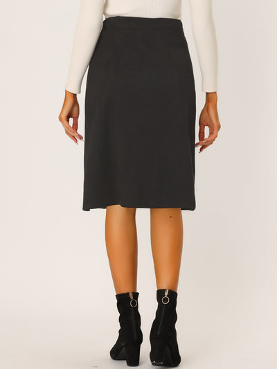 High Waist Faux Suede Knee Length A-Line Skirt